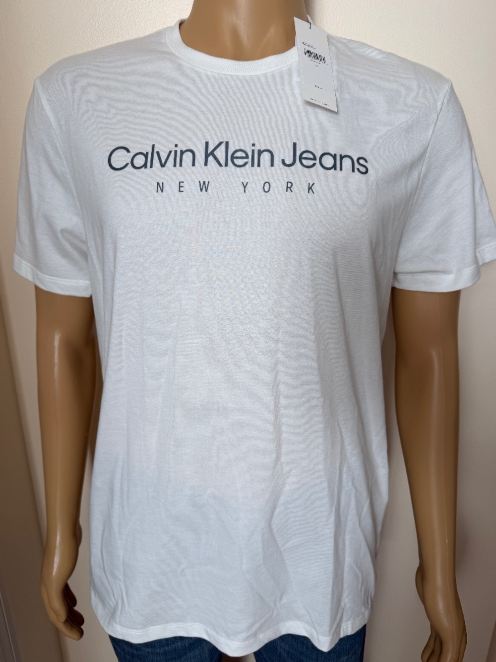 $45 CK CALVIN KLEIN JEANS New York White Crew Neck T-SHIRT Tshirt Tee Shirt L